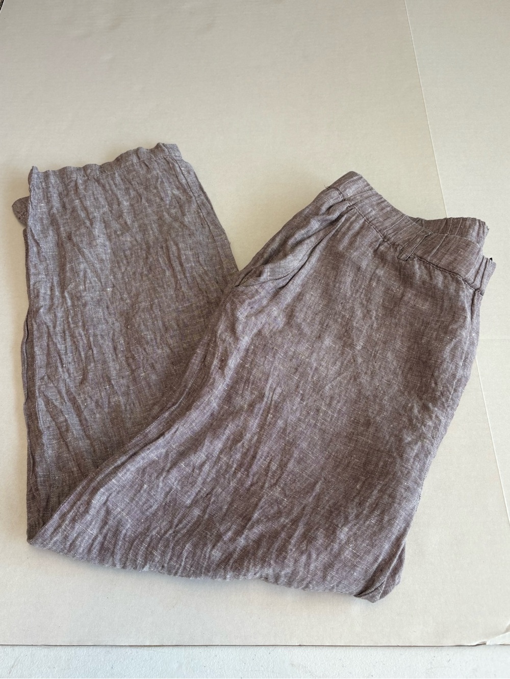 Quince 100% European Linen Pants Medium Taupe Brown Chambray Relaxed Crop